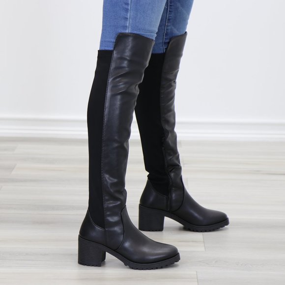 Black Over The Knee Boot Chunky Lug Heel Faux Dual Leather And Stretchy Material - Picture 6 of 15